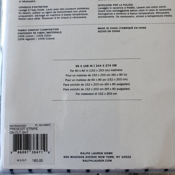 NWT - Ralph Lauren Prescott Stripe Queen Flat Sheet - Navy Blue/White Stripe - Picture 5 of 6